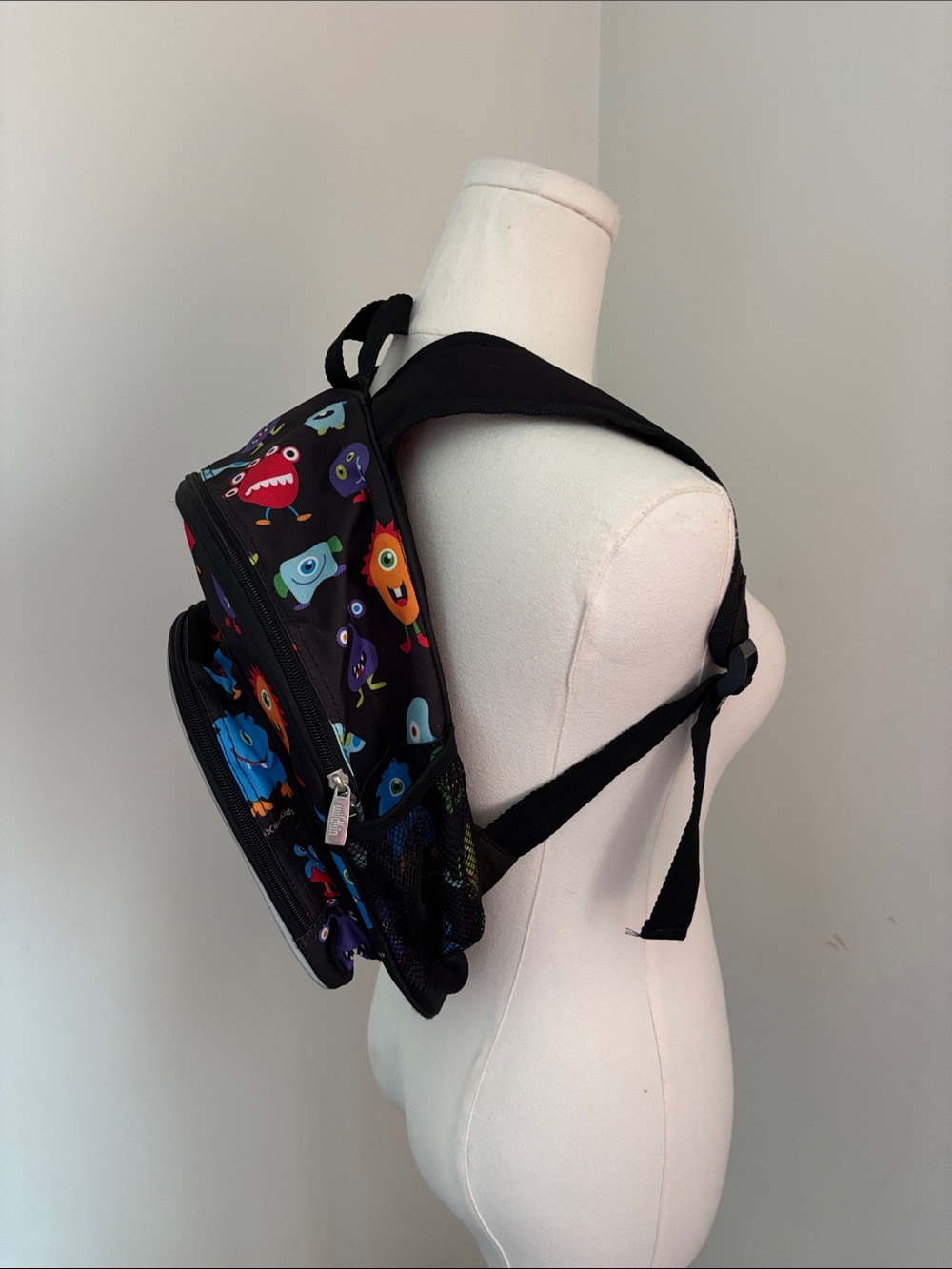 Kids Monster Print Backpack - Black with Colorful Characters - Picture 2 of 5